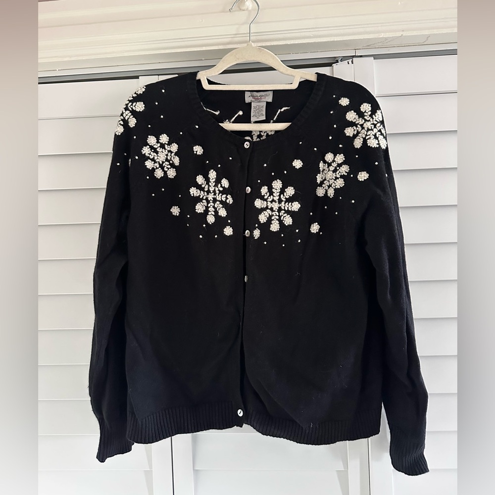 Eddie Bauer Black Cardigan with White Snowflake Embellishments